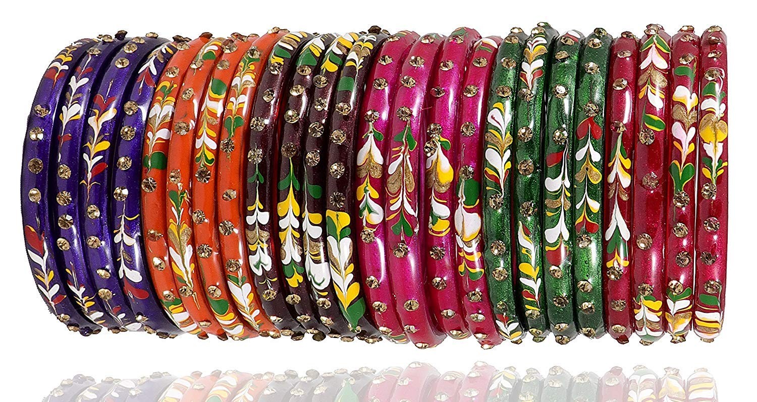NMII Zircon Glass Kada Set 24pcs | Multicolor Bangles for Women 2.8in