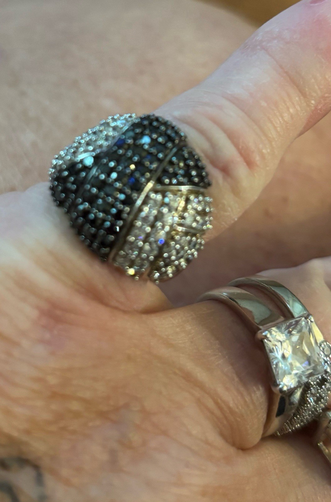 Gold Tone Pavé Black & Clear Crystal Dome Cocktail Band Ring Size 5.25 stamp 925