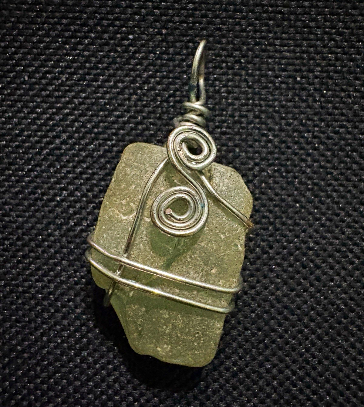 Handmade Green Sea Glass Silver Tone Wire-Wrapped Pendant Charm, Beach Theme
