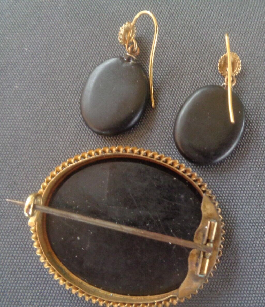 Pietra Dura Mosaic Booch Earrings Set Victorian Antique 15ct Gold Floral c1880s