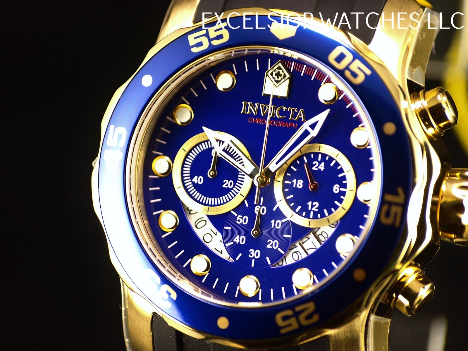 Invicta Mens 48mm PRO DIVER SCUBA Chronograph BLUE Dial 18K Gold Plated SS Watch