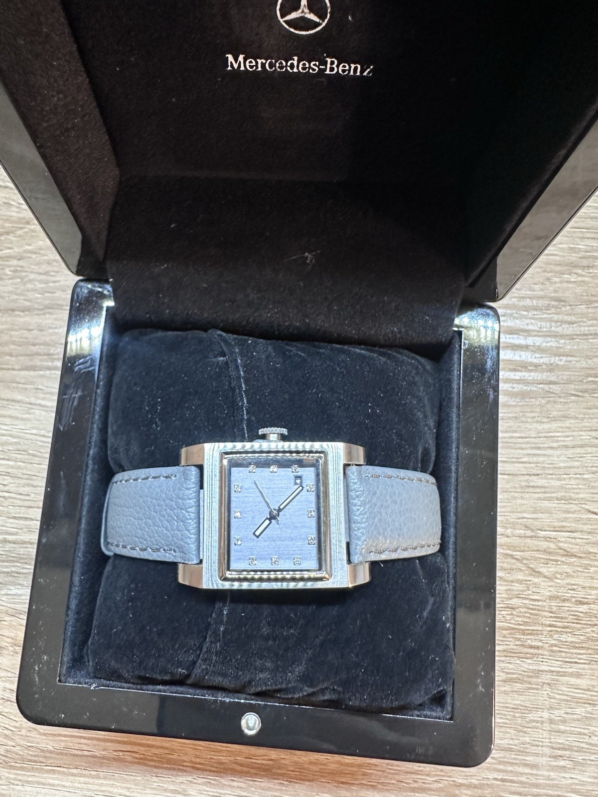 Mercedes-Benz Quartz Rectangle Blue Dial Diamond Markers Gray Leather Watch Box