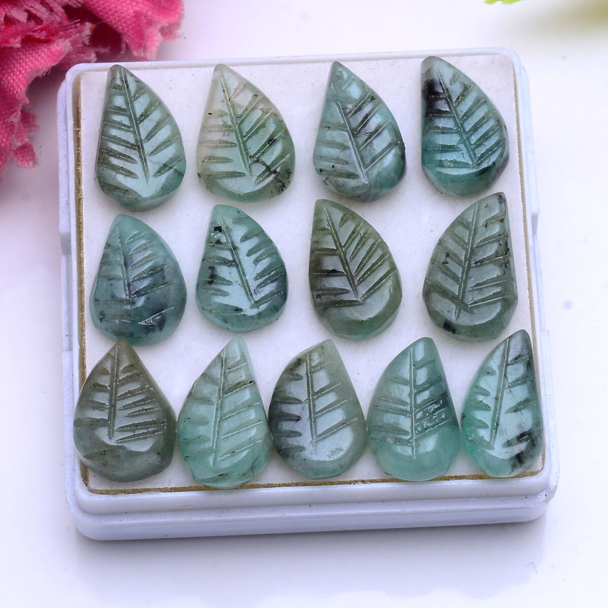 13 Pcs Natural Emerald Untreated 11mm-14mm Leaf Hand Carving Huge Gemstones Lot