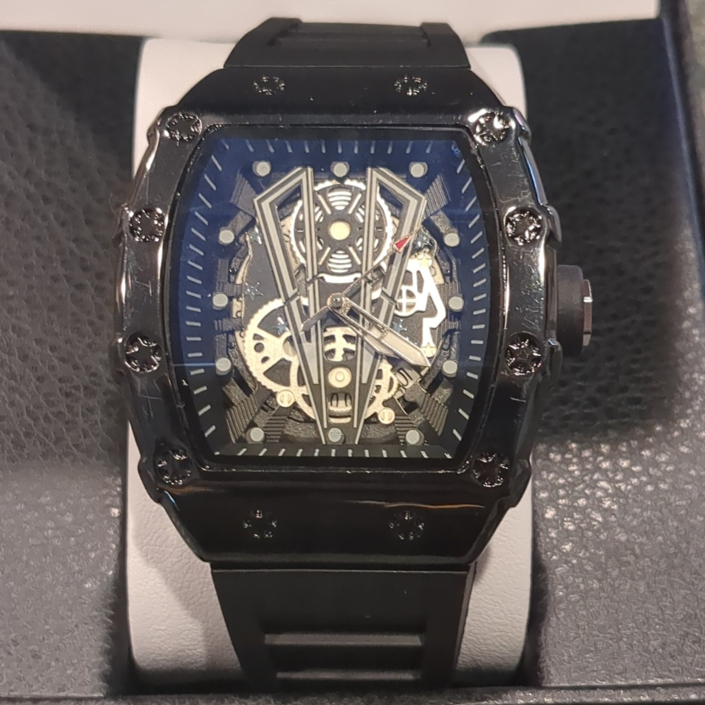 Skeleton Dial Tonneau/Barrel Wristwatch Black Metal Case Rubber Strap w/ Box