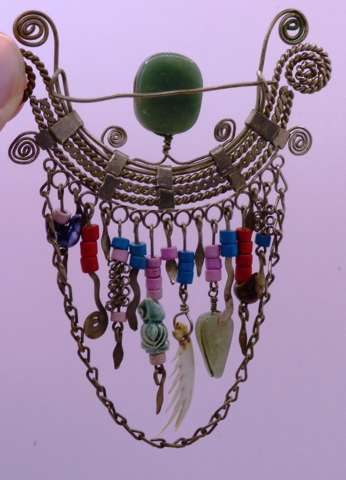 Artisan Handmade Brooch Green Stone & Ornate Hanging Charms Silver Tone 3″L x3″W
