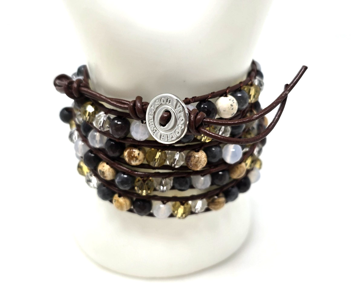 Victoria Emerson Brown Leather Wrap Bracelet 36’’ Boho Multicolor Beads