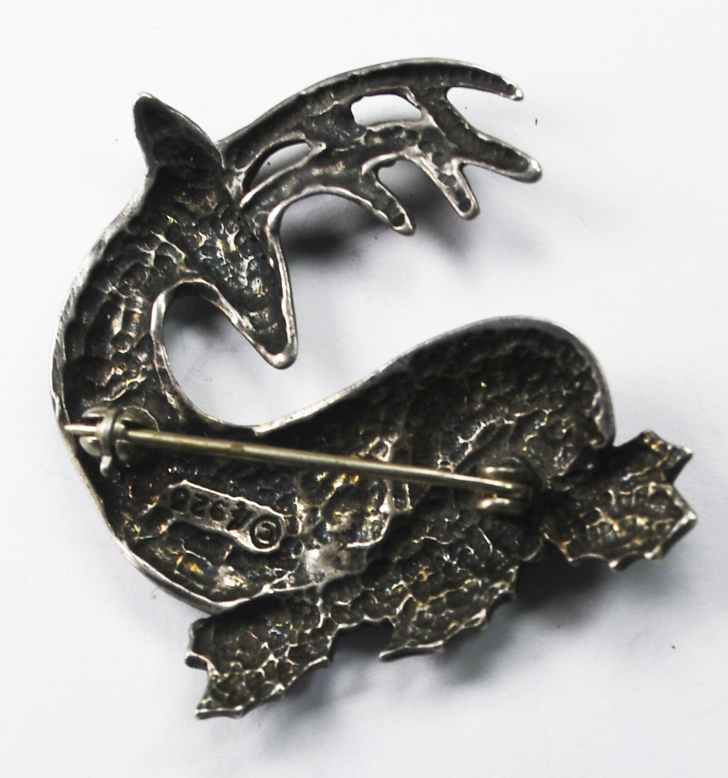 Sterling Silver Deer on Holly Brooch Pin 34mm x 32mm Christmas X-mas Reindeer