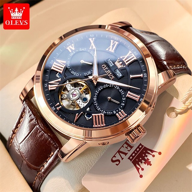 Automatic Mechanical Watch Men Waterproof OLEVS Luxury Date Men’s Leather Strap