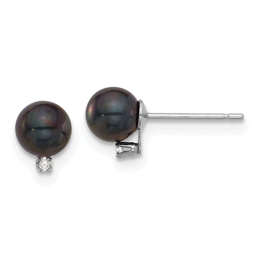 14k White Gold 5-6mm Black Round Cultured Pearl and .02 Ct Diamond Stud Earrings