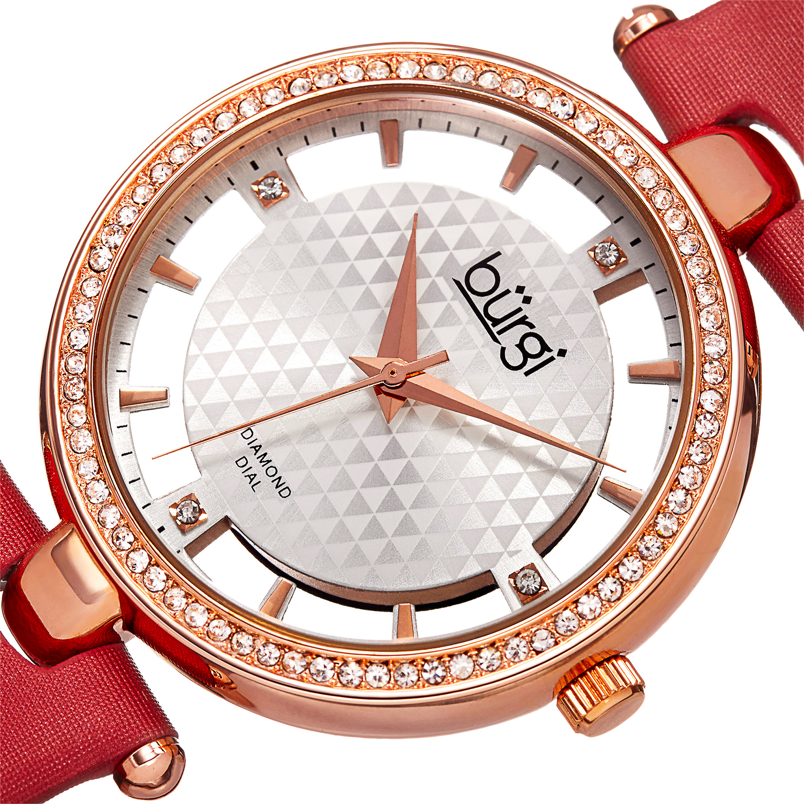 New Women’s Burgi BUR104RD Rose-tone Swiss Quartz Diamond Red Satin Strap Watch