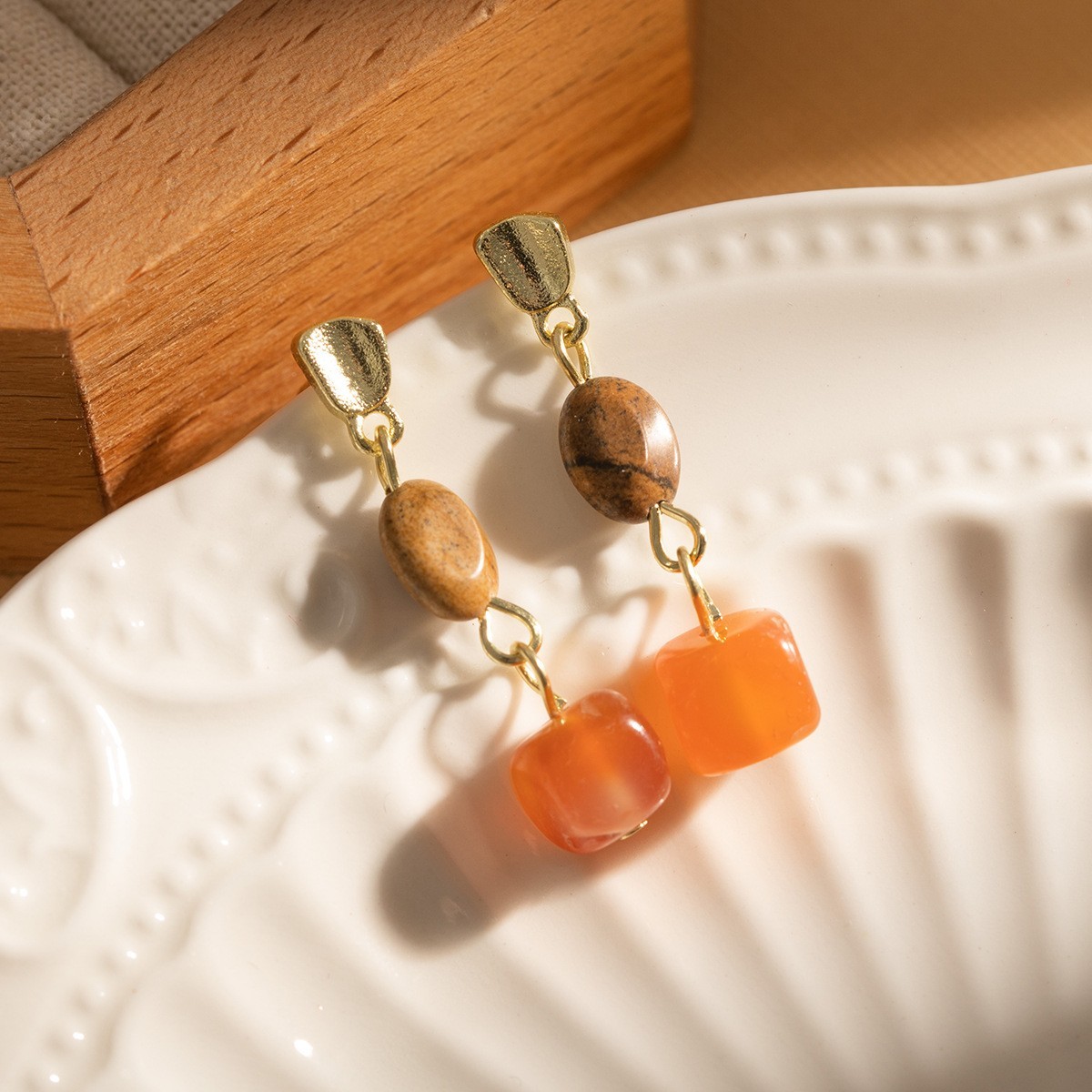 Fresh Sweet Wooden and Square Amber Brown Stone Drop Golden Dangle Earrings