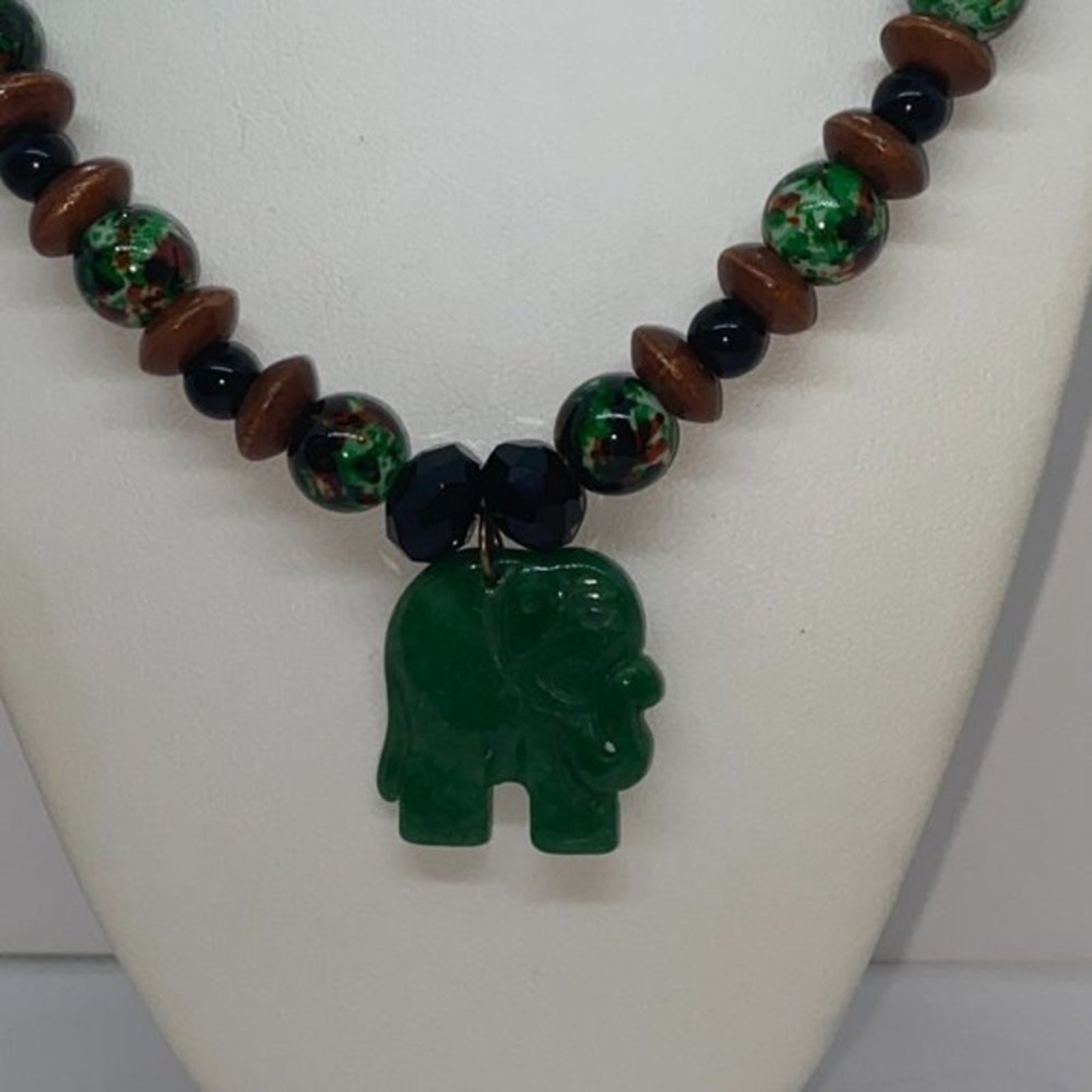 Handmade Beaded Black Brown Green Elephant Necklace
