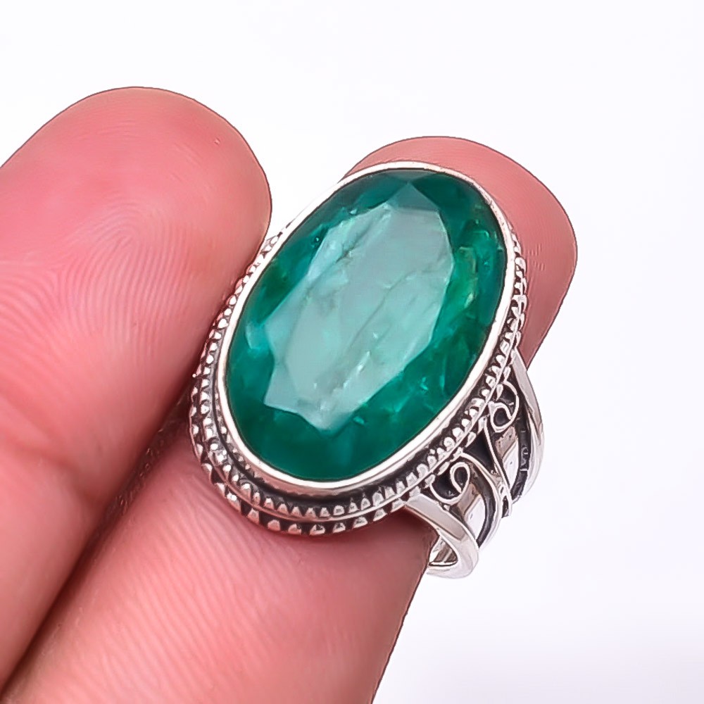 Emerlad – Dyed Quartz Gemstone 925 Sterling Silver Bali Ring S.8.5 R_9512_421_2