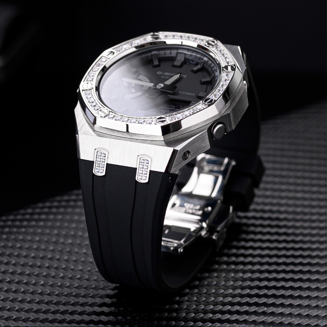 Bling Diamond Stainless Steel Bezel Mod Kit Case Band for G-SHOCK GA-2100 GA2110