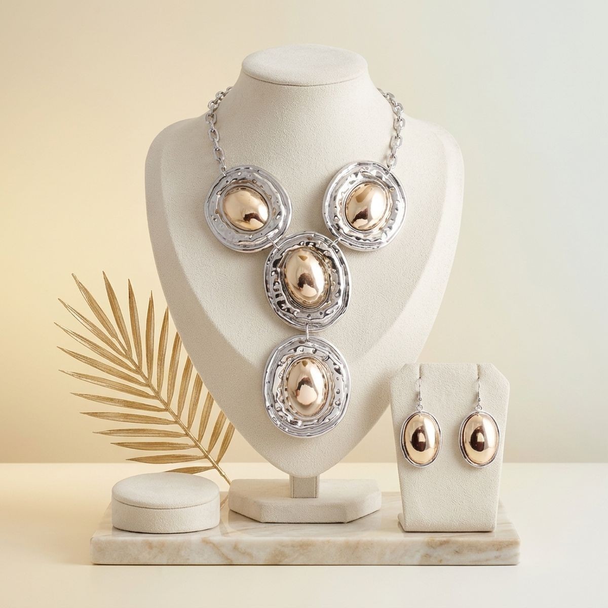 Silver Organic Oval Drop Pendant Necklace with Gold Dome Centers & Earring Set