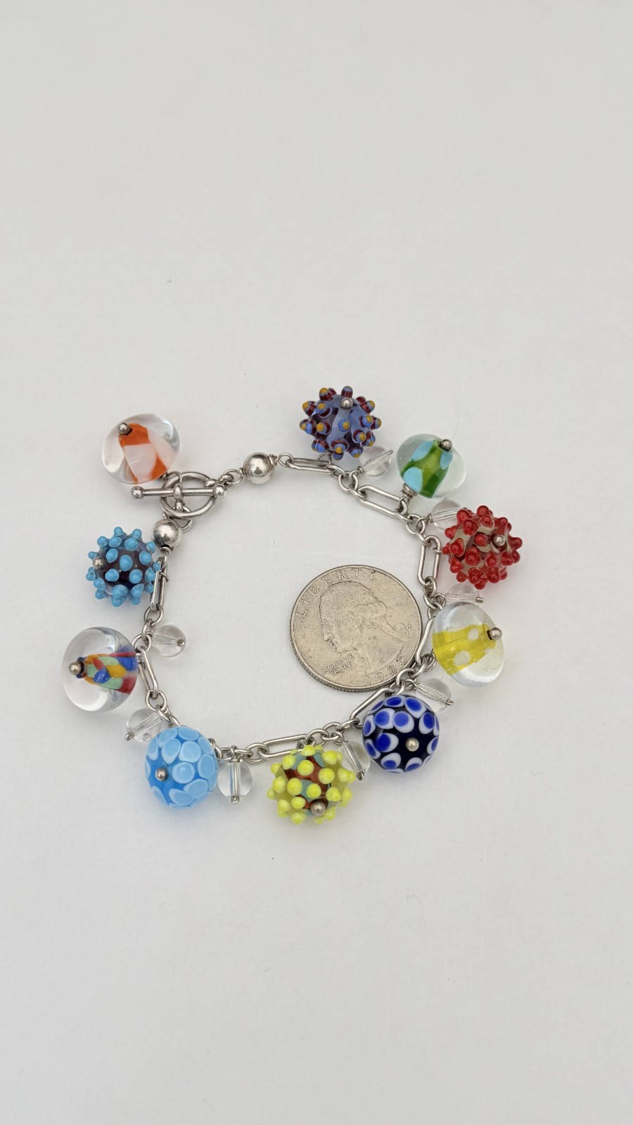 Sterling Silver Lampwork Glass Charm Bracelet 7.5” 35.4g Murano Style