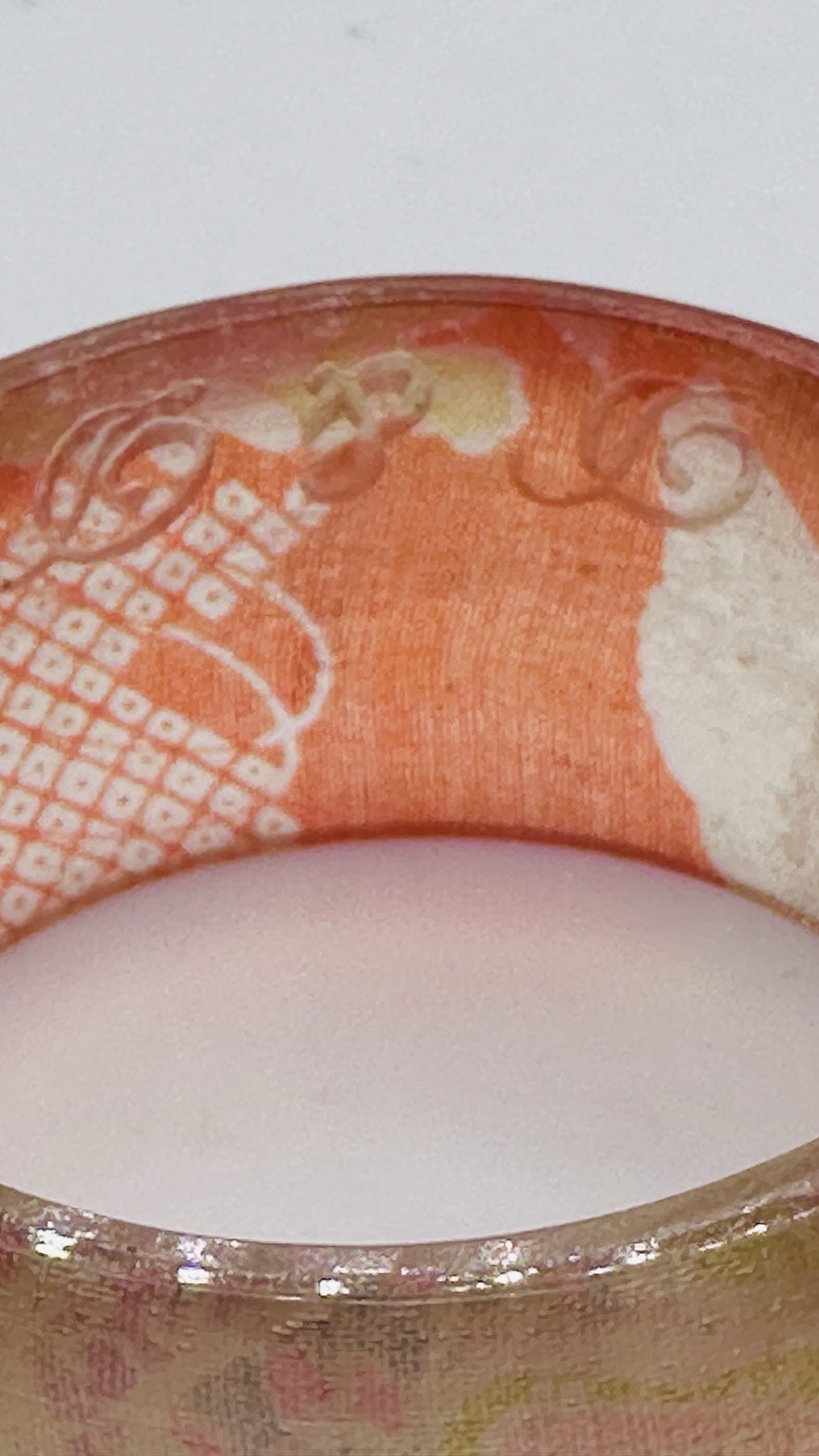 Vintage Signed Asian Geisha Decoupage Lucite Wide Bangle Bracelet Orange