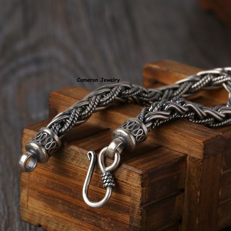 Pure S925 Sterling Silver Chain 6mm Braided Wheat Bracelet 34-35g 7.6inch