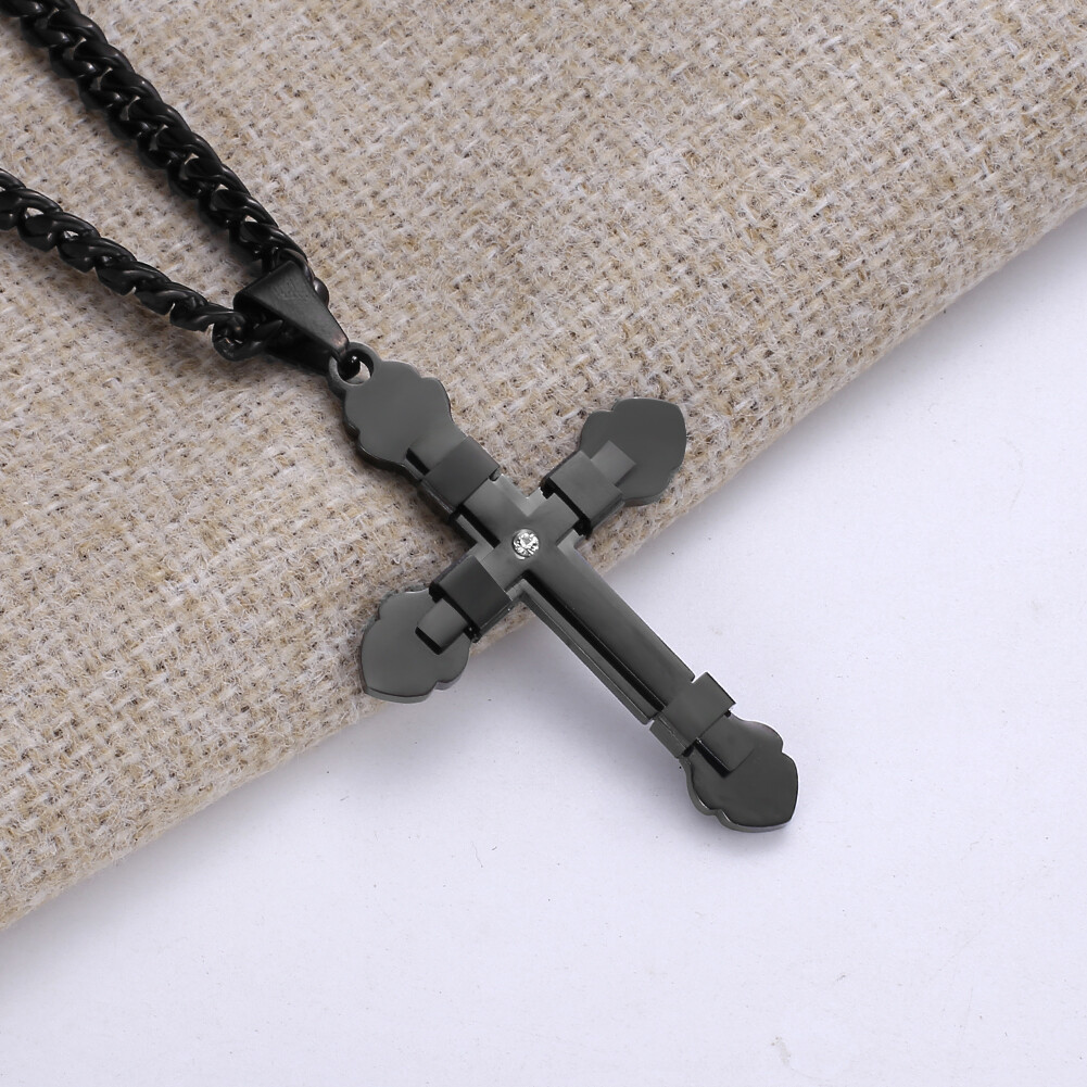 Men Women Stainless Steel Cross Pendant Necklace with CZ 18-34inch 5 Colors
