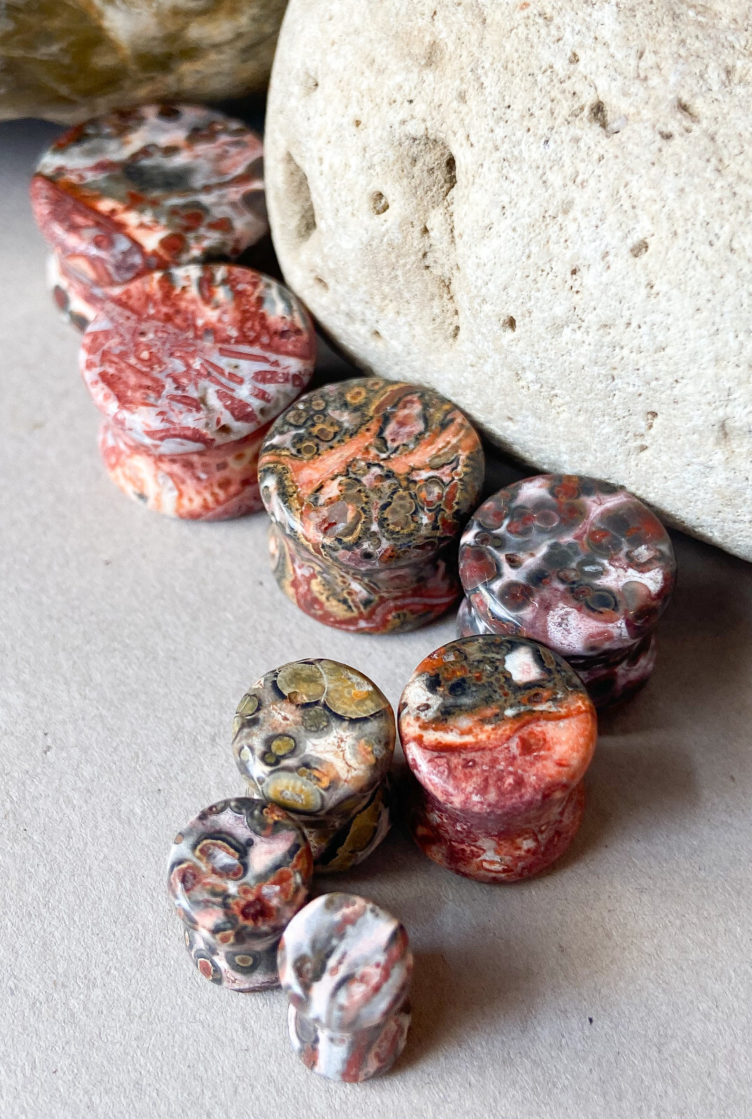 PAIR Natural Leopard Jasper Stone Double Flare Plugs Organic Gauges