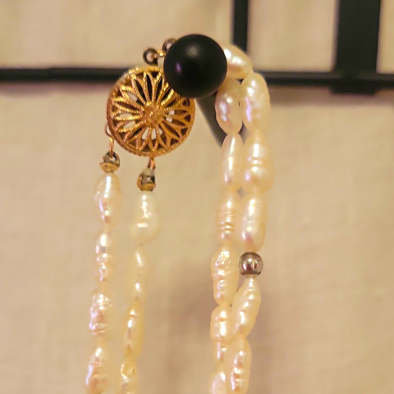 12 Mm Double Strand Baroque White Pearl Beaded Necklace with Onyx 14k Gold