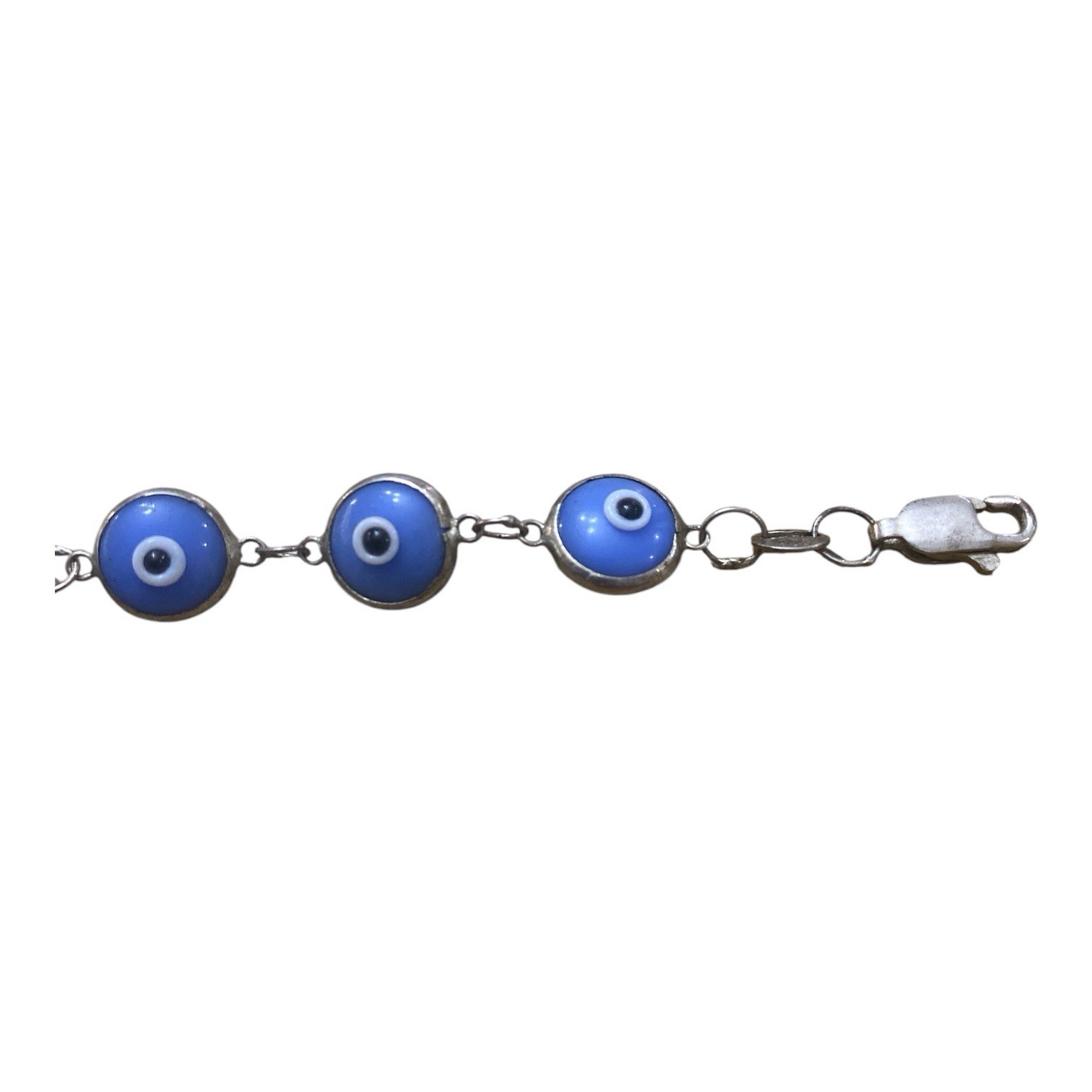 Preowned Sterling Silver 925 Blue Evil Eye Glass Beads Bracelet Sz 19 1/2 Inches