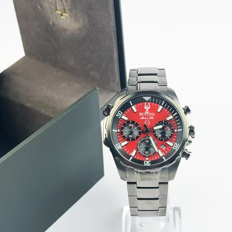 Bulova Marine Star Men’s Chronograph Quartz Watch Red Dial 98B350 43mm