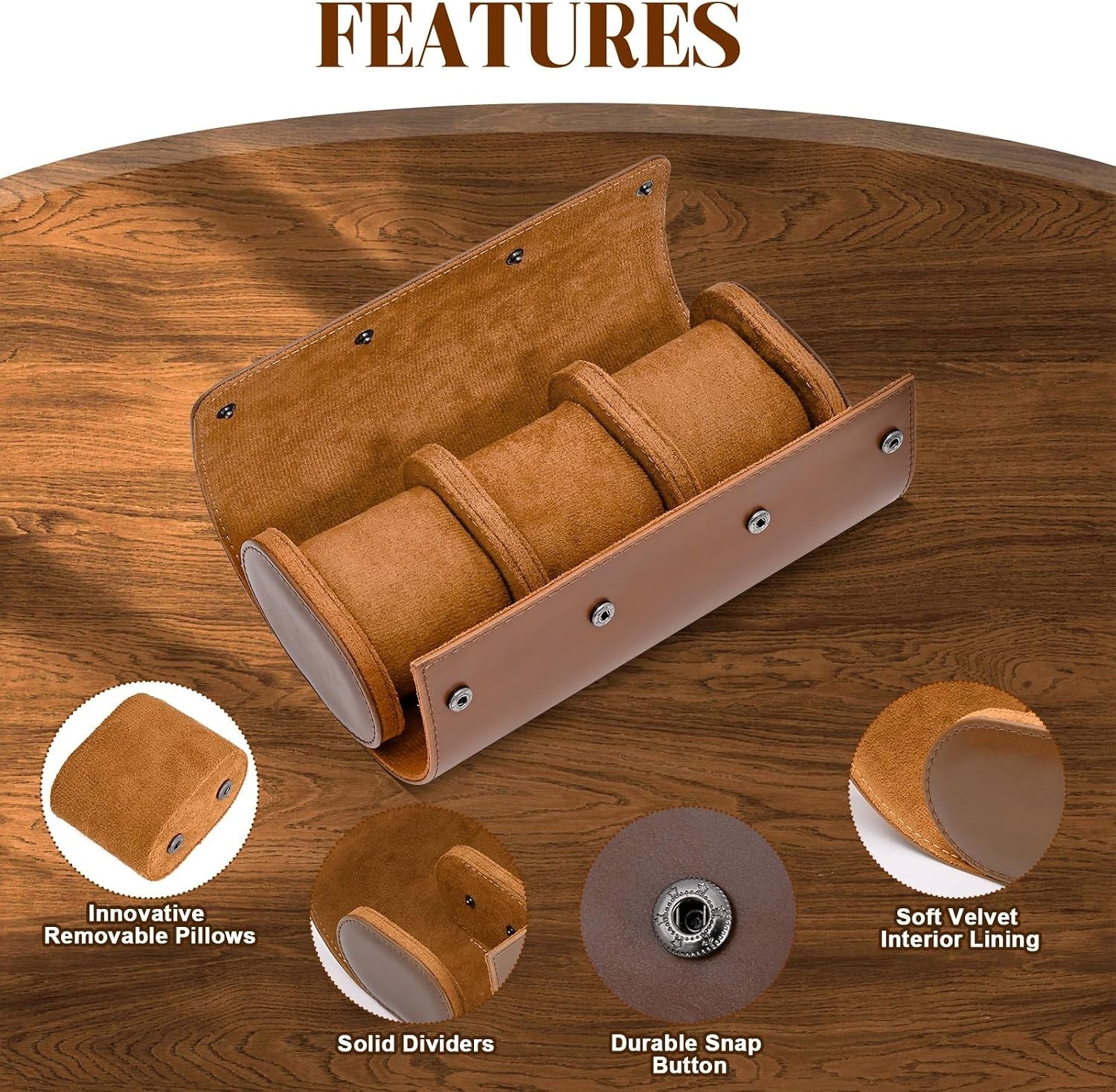 Compact 3-Watch Roll Case with Secure Button Closure – Ideal for Home and Travel