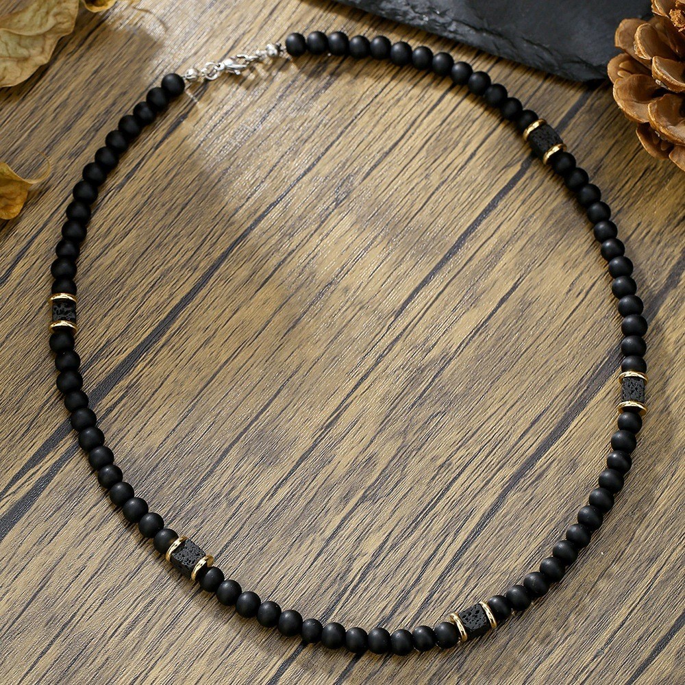 Men Beaded Choker Necklace Hiphop Jewelry Trendy Black Agate Chain Necklace Gift