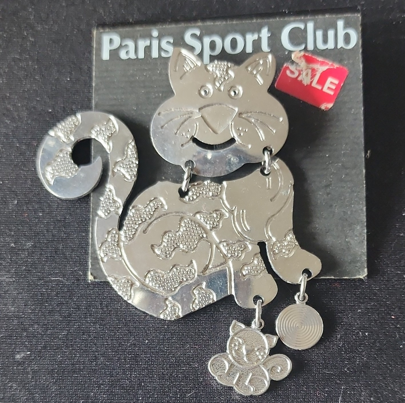 Paris Sport Club Silver Tone Metal Cat Dangle Brooch Pin w/ Rhinestones