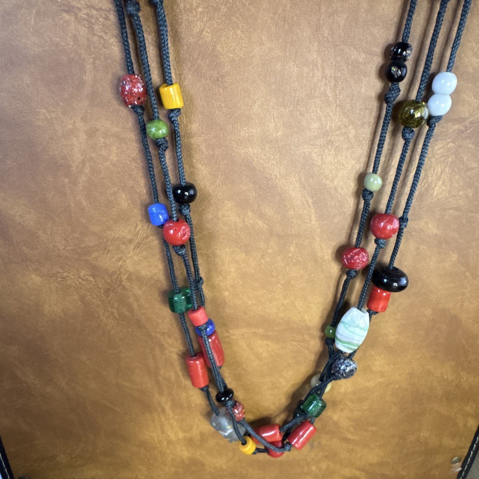 Vintage Boho Multi Strand Necklace Handmade Colorful Ceramic Glass Bead Statemen