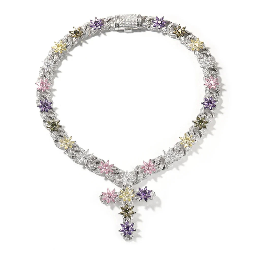 Iced Out Necklace Baguette CZ Cuban Zirconia Cross Charms