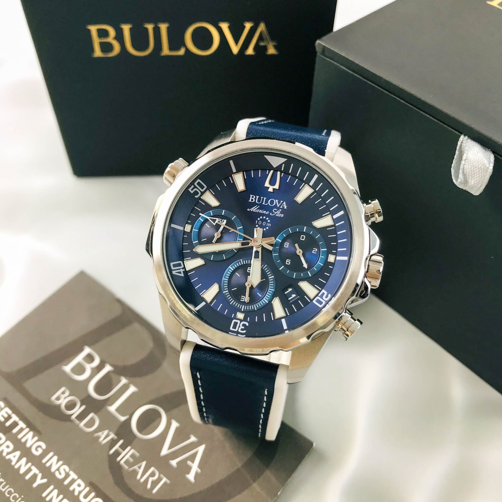 Bulova Marine Star 96B287 Blue Dial Chrono Silicone Strap Mens Quartz Watch 43mm
