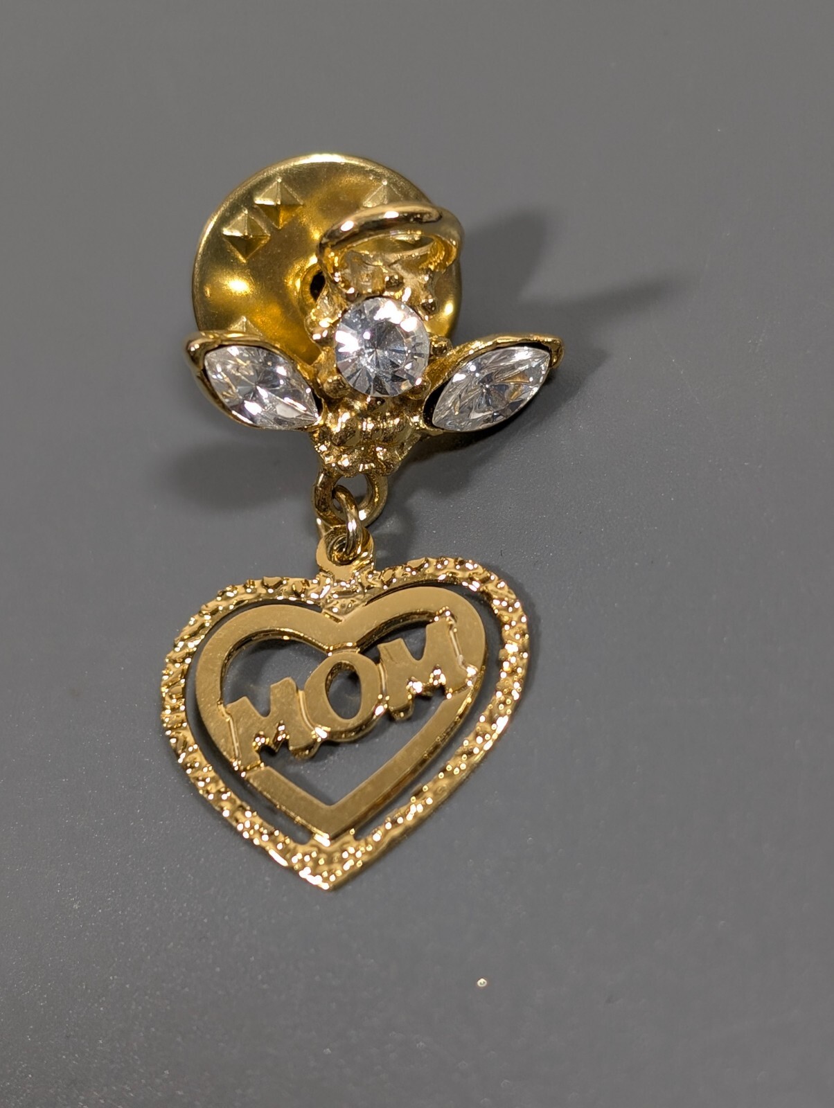 Vintage Guardian Angel Mom Heart Charm Clear Rhinestone Pin Brooch Small