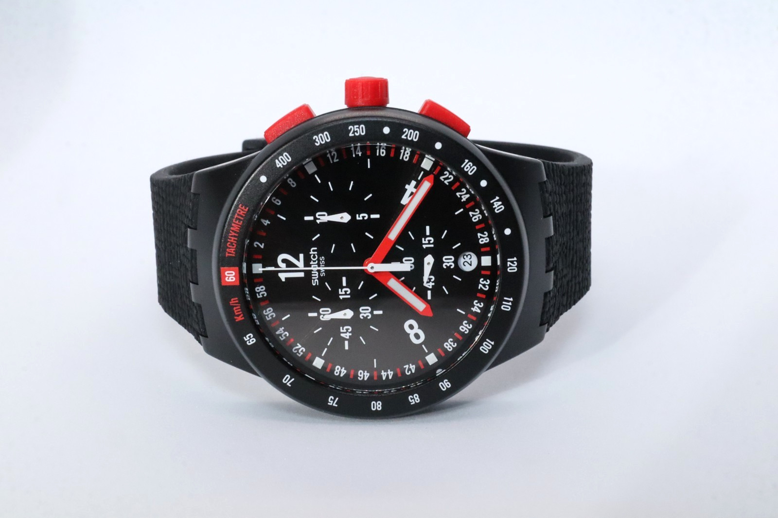 Swiss Swatch Originals STAND HALL Black Chrono Silicone Date Watch 42mm SUSB411