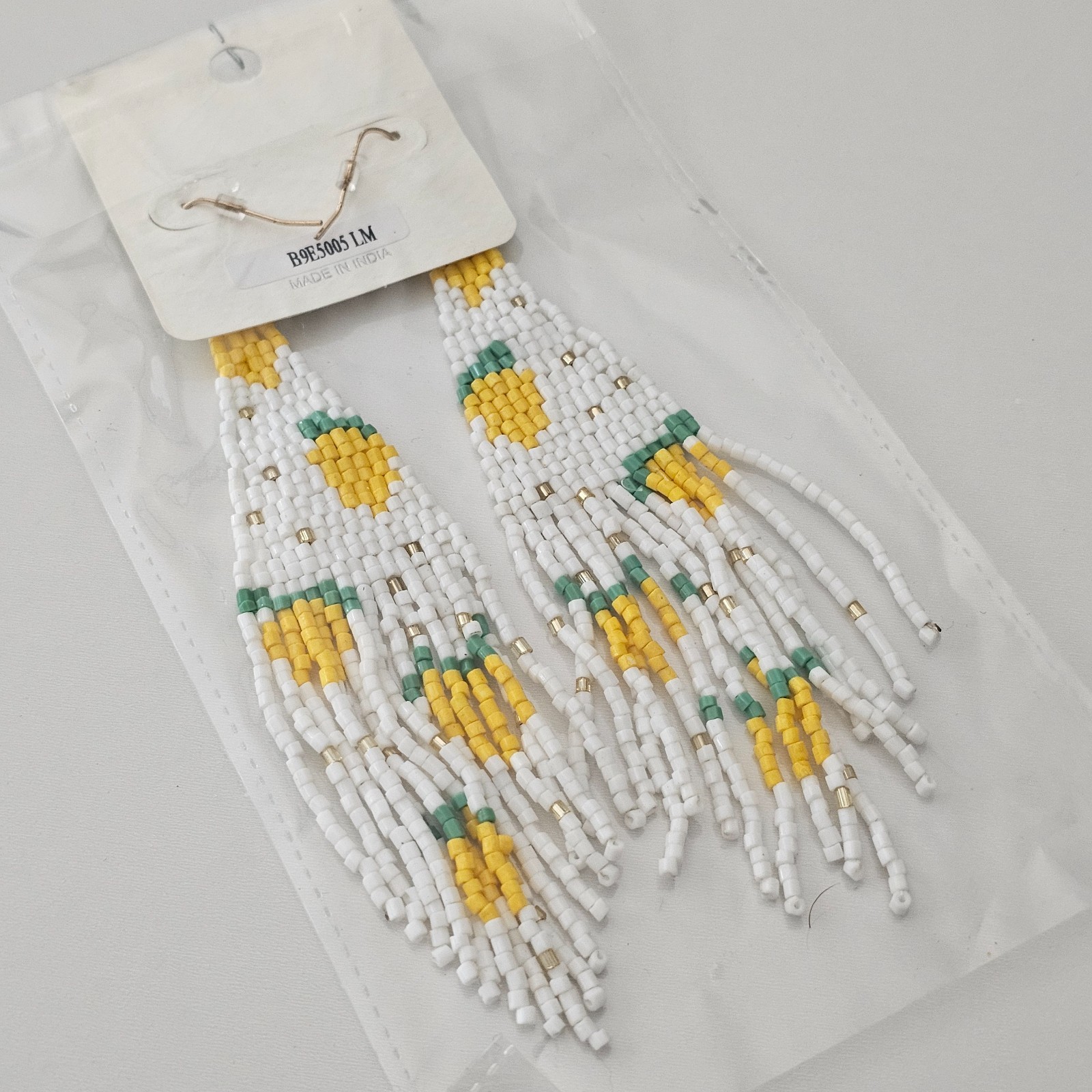 Boho Chic White Lemon Fruit Dangle Fringe Bead Earrings Beaded 5″ NEW