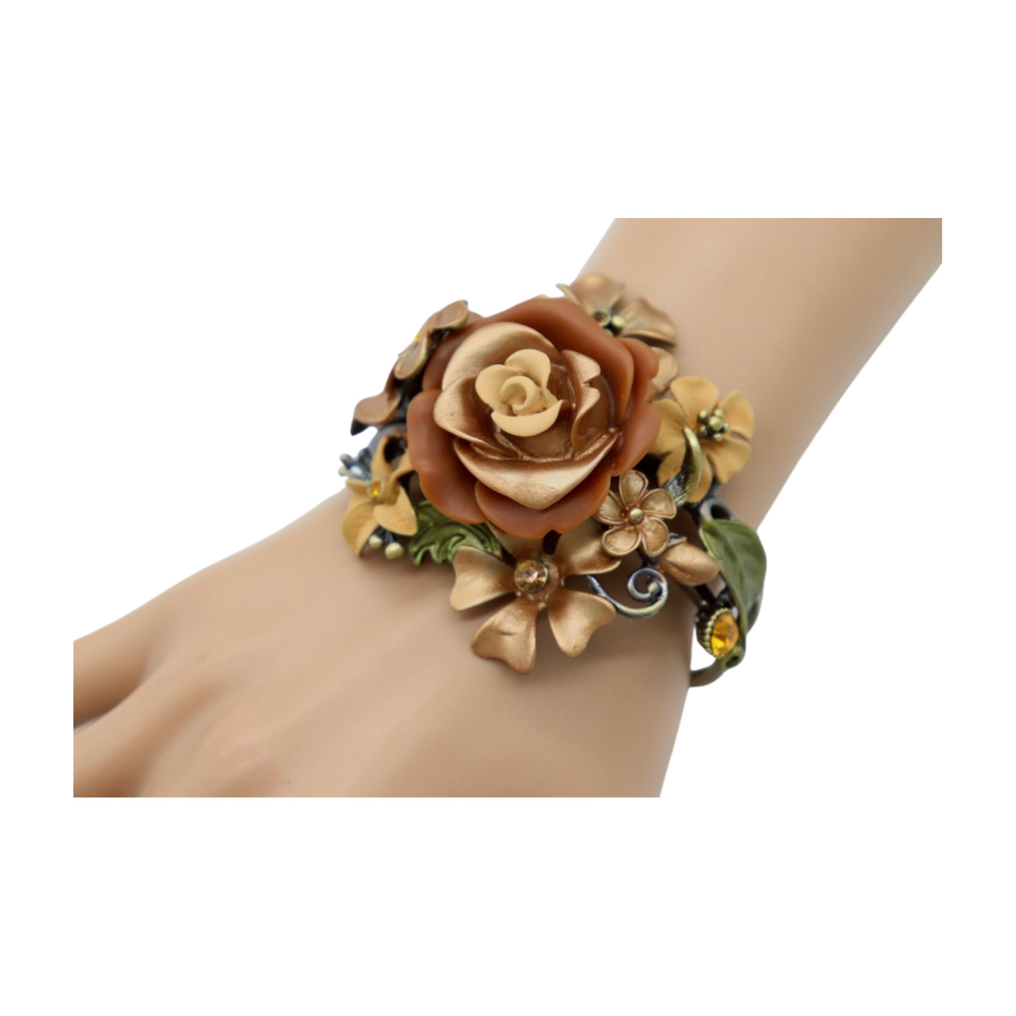Women Antique Gold Metal Beige Brown Rose Flowers Cuff Bracelet Fashion Jewelry