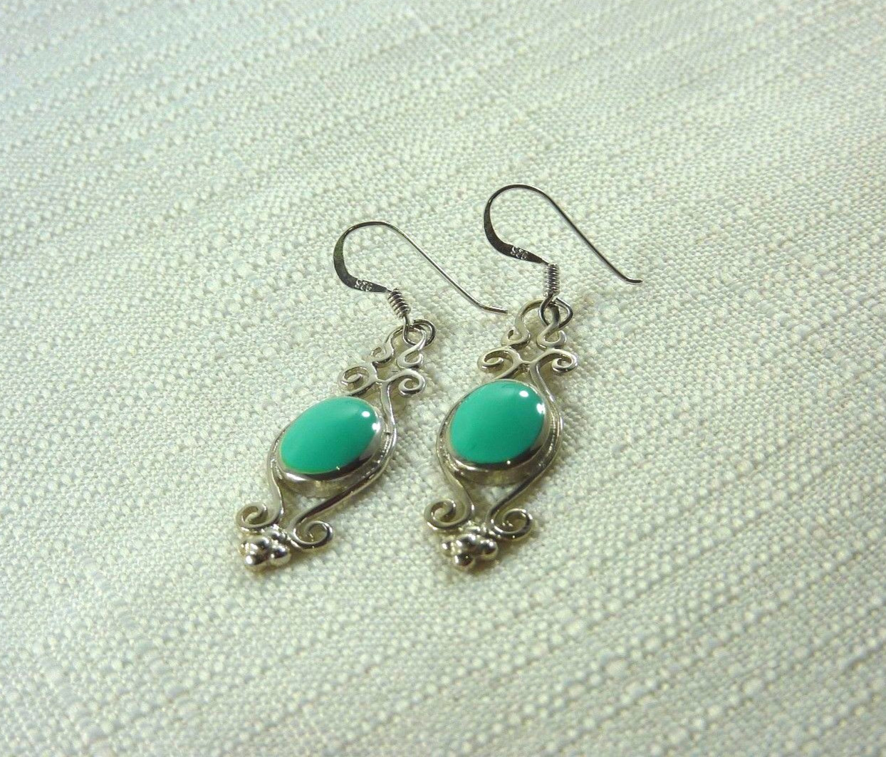 Created Turquoise 925 Sterling Silver Victorian Style Fishhook Earrings