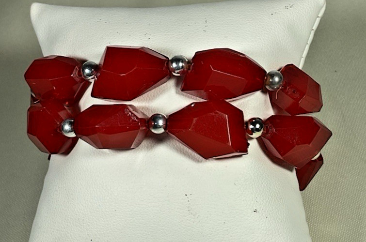 Lot 10 Stretch Bracelets Red Black Silver Tone Beaded Stackable Jewelry Classic