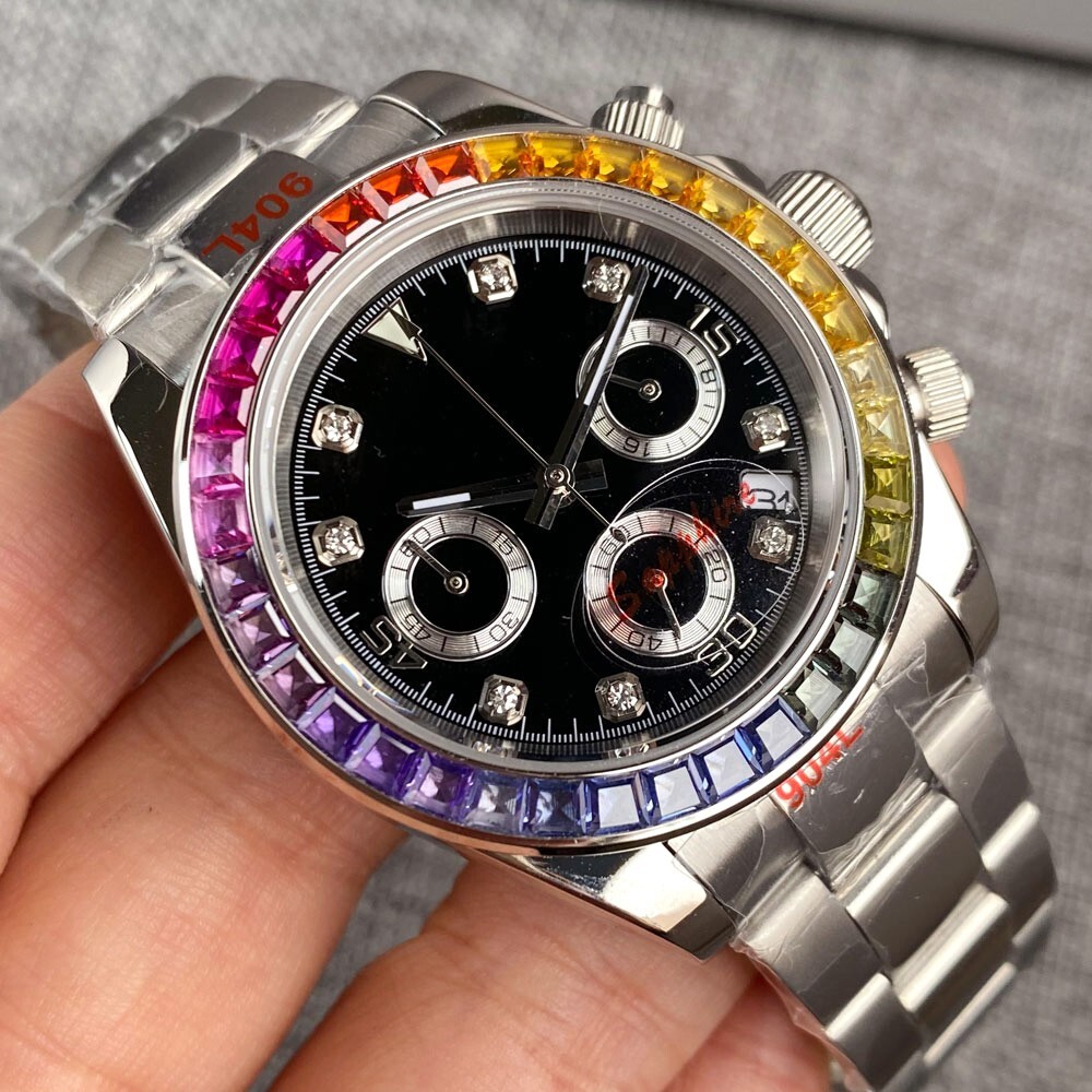 39mm Sterile Black Dial Sapphire Glass VK63 Quartz Mens Watch Colored diamond