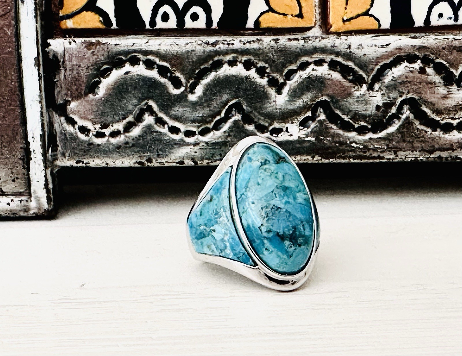 Desihner Southwest STYLE Sterling Silver 925 Turquoise Ring Bold Signed