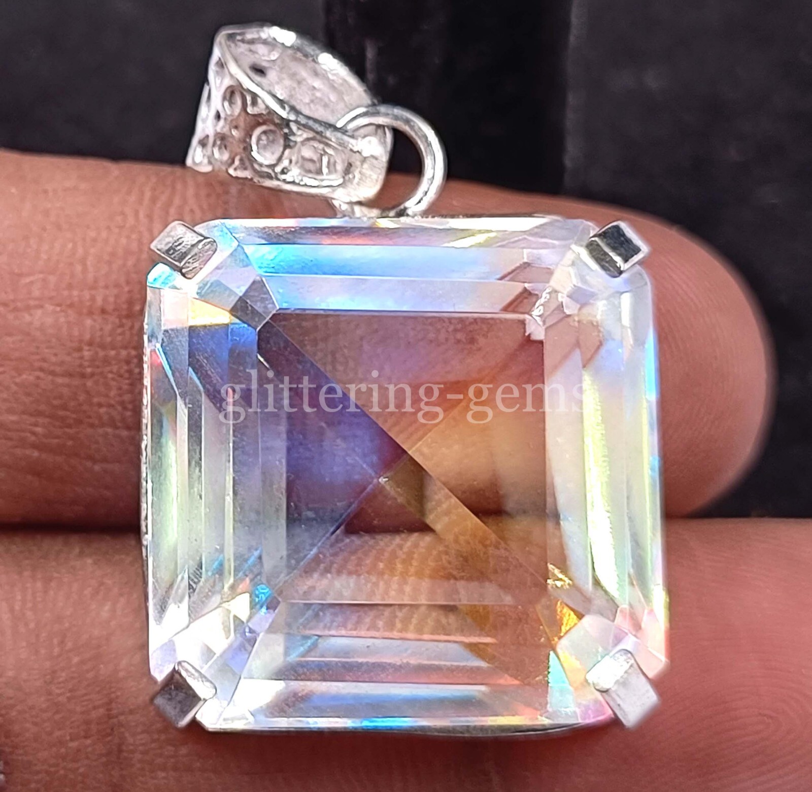 IGL Mystic Topaz 77.70 Ct Natural 925 Silver Pendant Emerald Cut Gemstone 25A