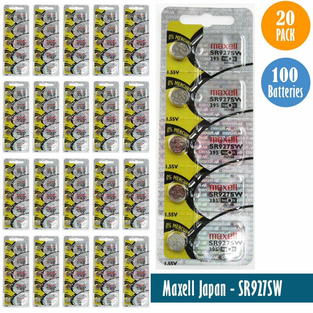 Maxell 395 Watch Cell Batteries SR927SW, SILVER-OXIDE (Pack of 100)