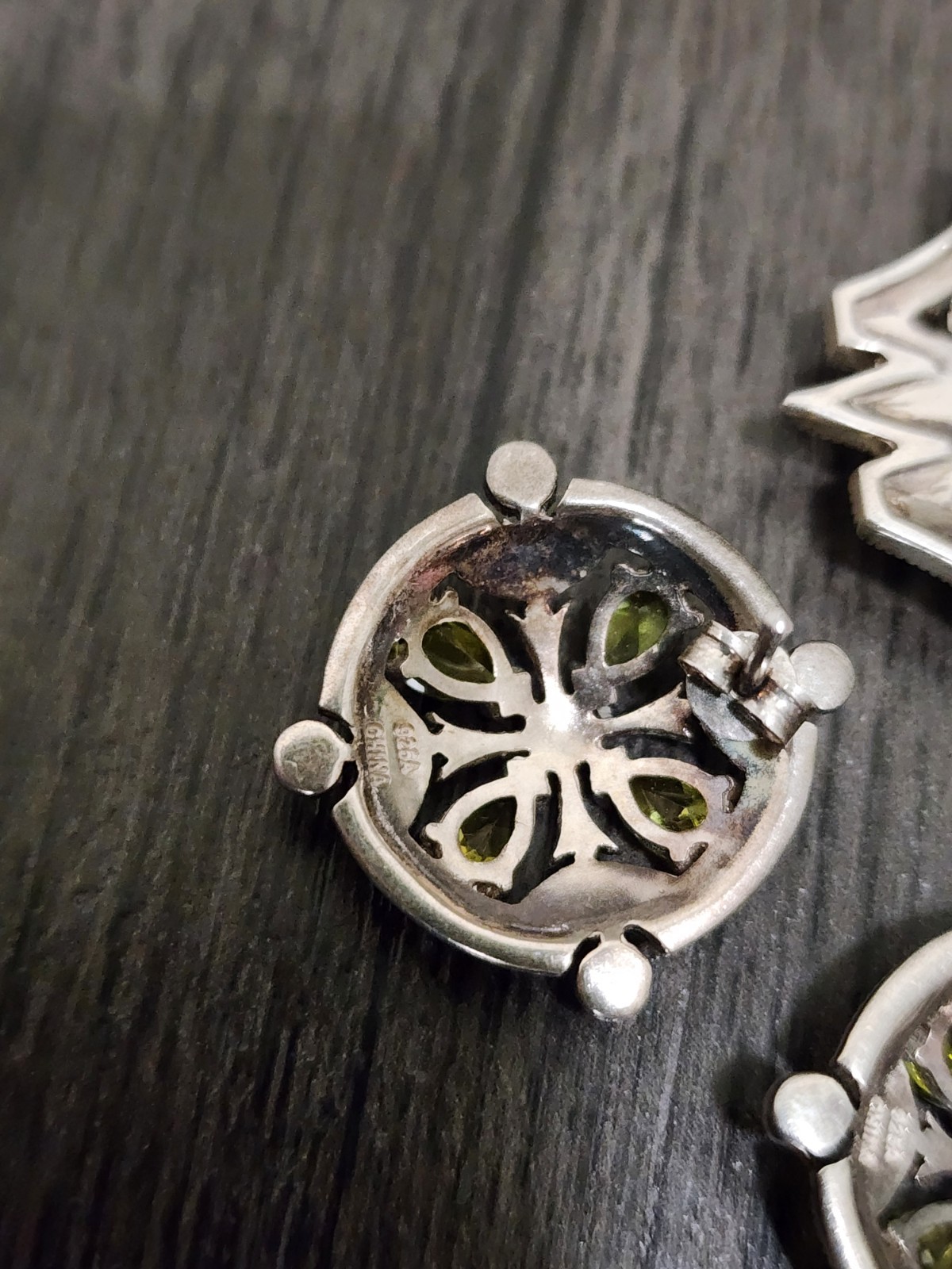 Vintage Sterling Silver Jewelry Set Brooch Pin Earrings Green Peridot Marcasite
