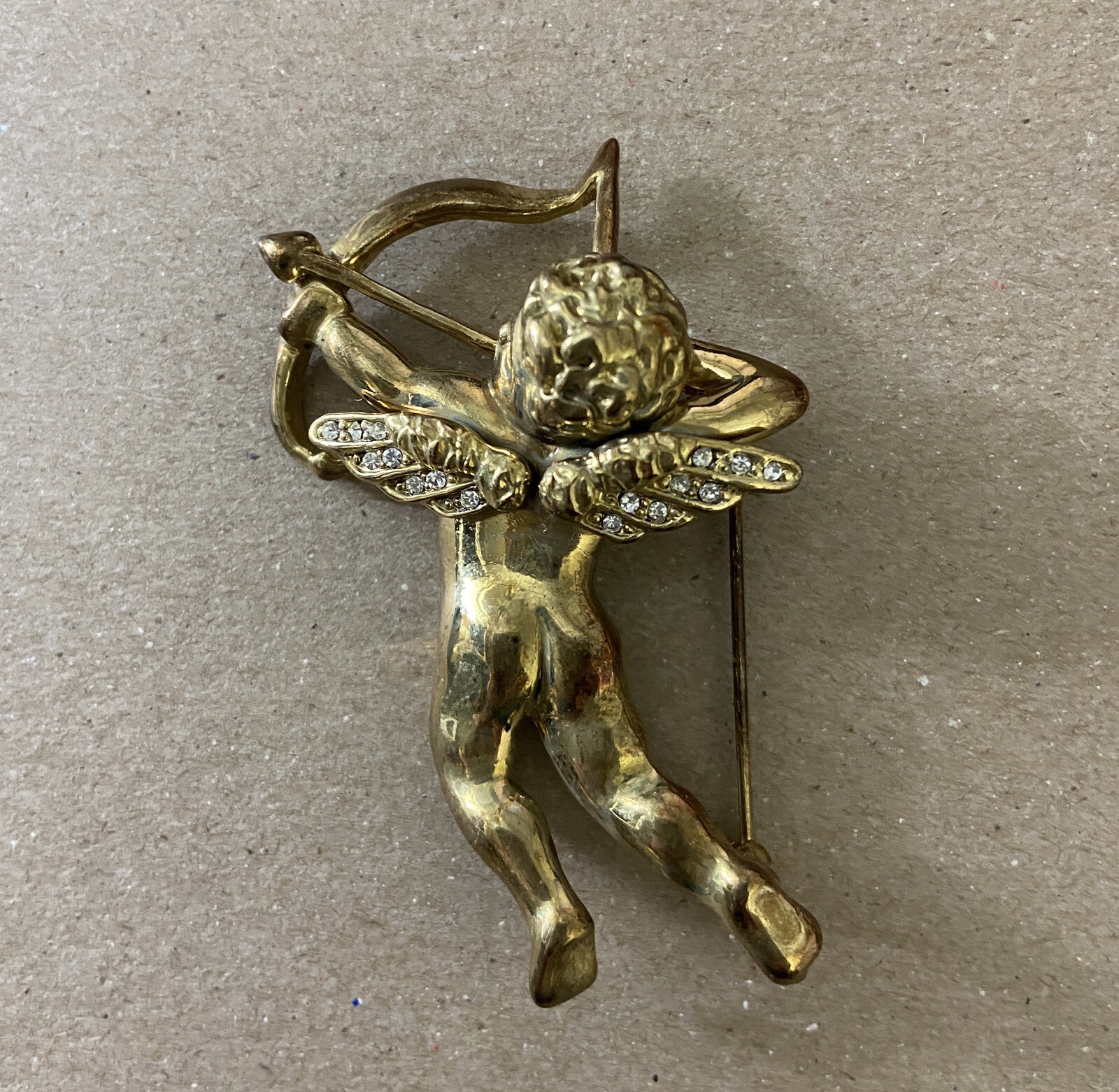 Gold Tone Rhinestone Cupid with Bow Valentine Pin brooch 2 1/8 in Jewelry