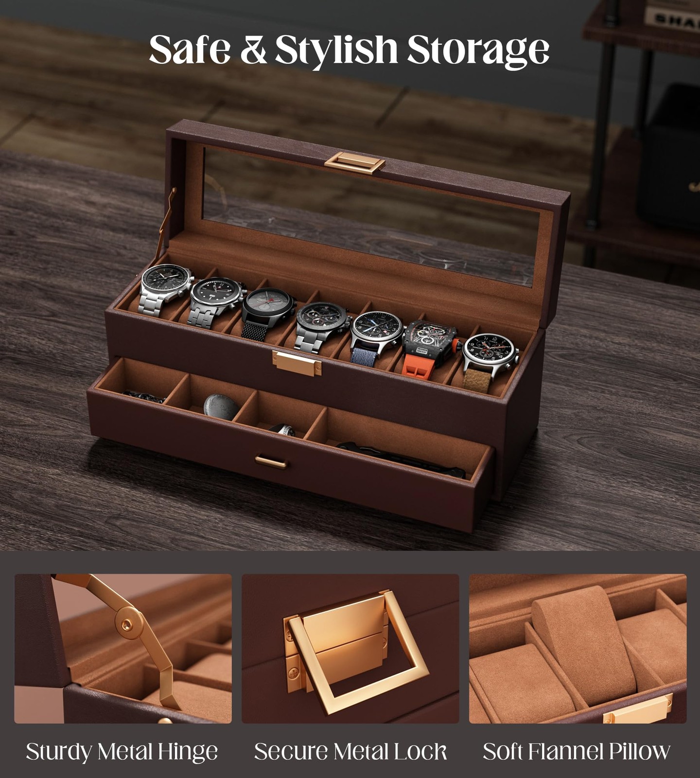 sensok Watch Case Box for Men – 7 SLots Watches Storage 7 Slots, Brown, Brown