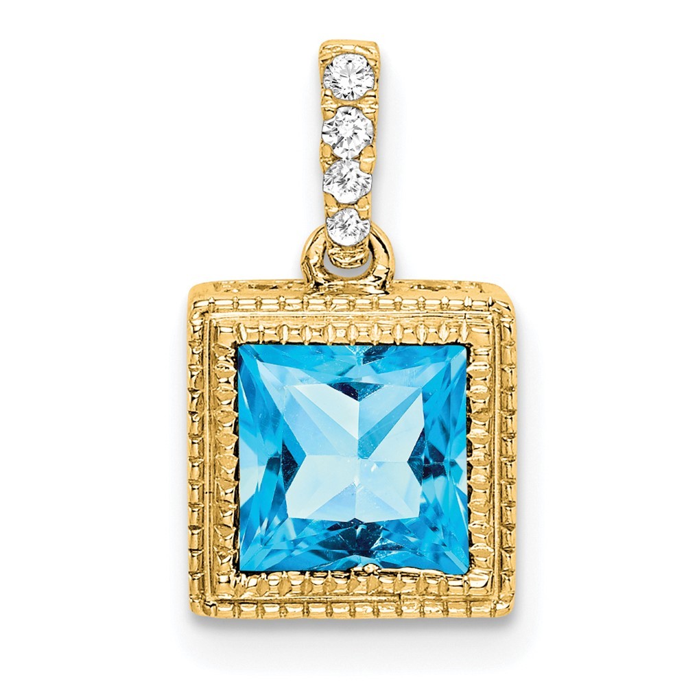 14k Yellow Gold 6mm Square Blue Topaz and Diamond Pendant 1.47gm L-14.2 mm
