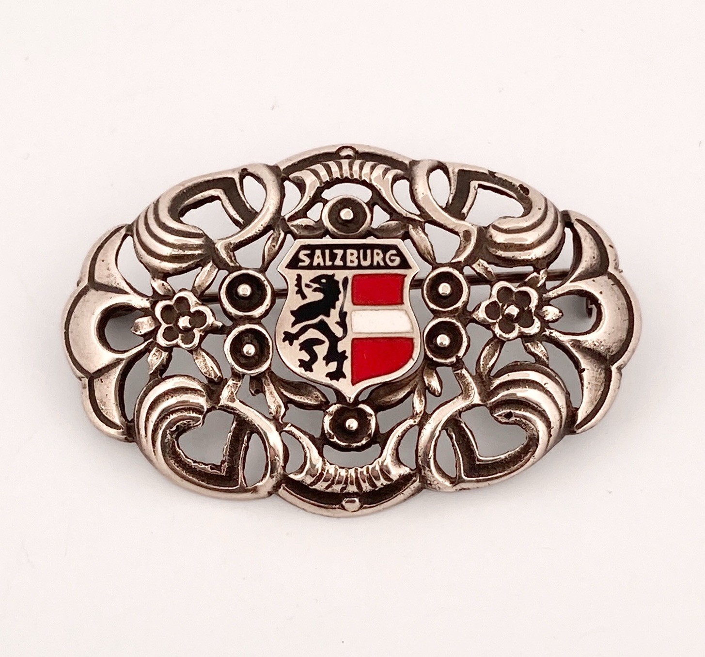Antique Salzburg Austria Pin Enamel Crest Brooch 835 Silver (near Sterling ) 9g