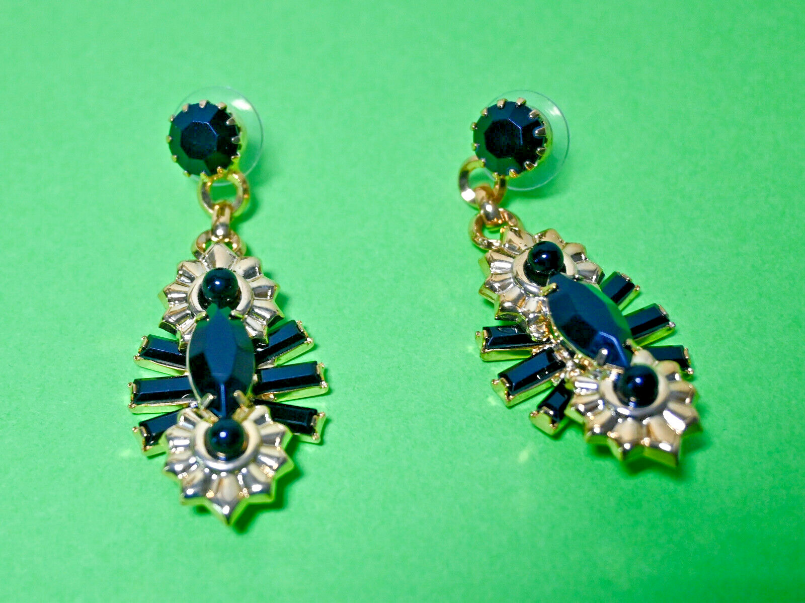 $250 ELIZABETH COLE Jet Crystal Art Deco Drop Marquise Shaped Pierced Earrings
