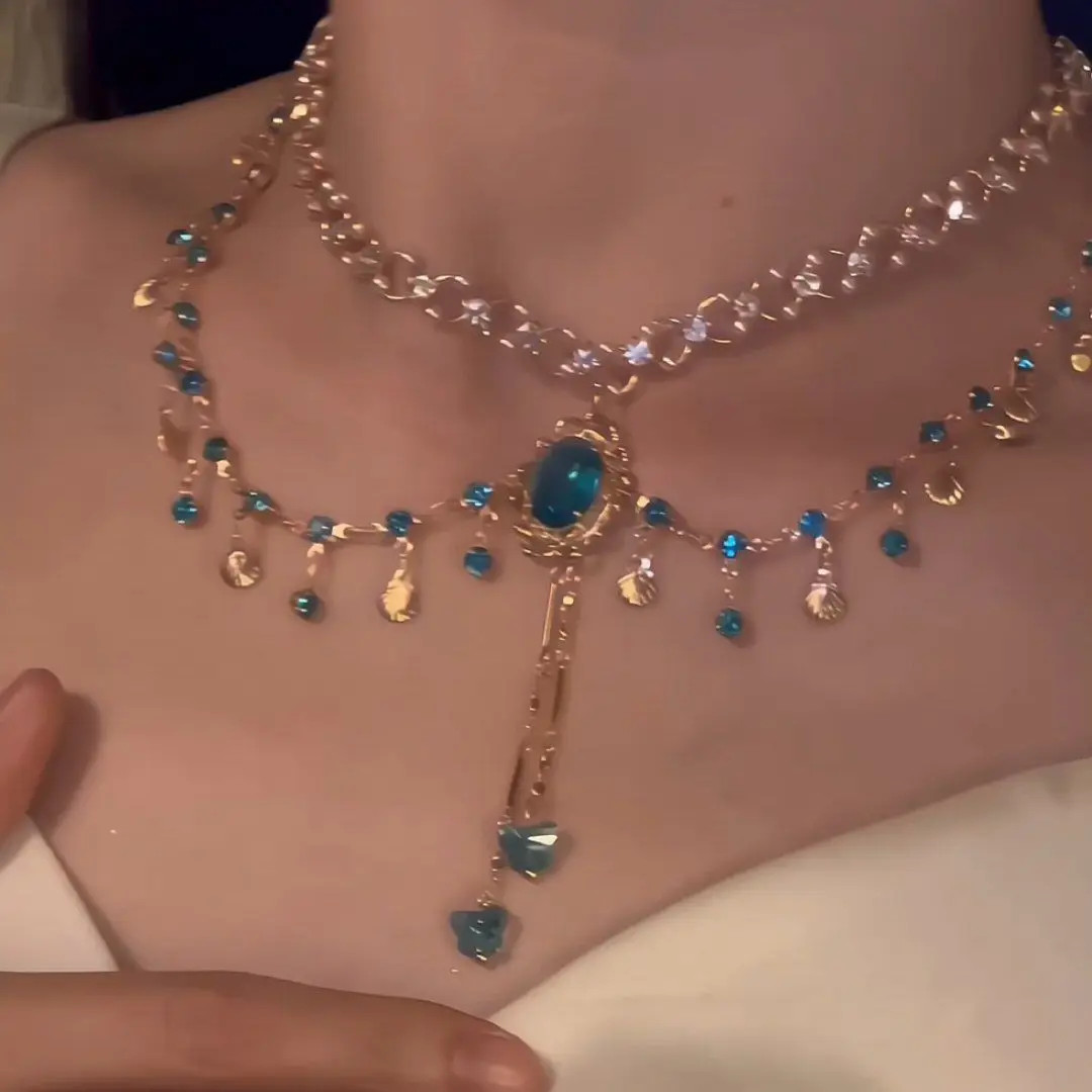 Multi-layer Copper Alloy Simulation Crystal Necklace Women Hanfu Collarbone Girl